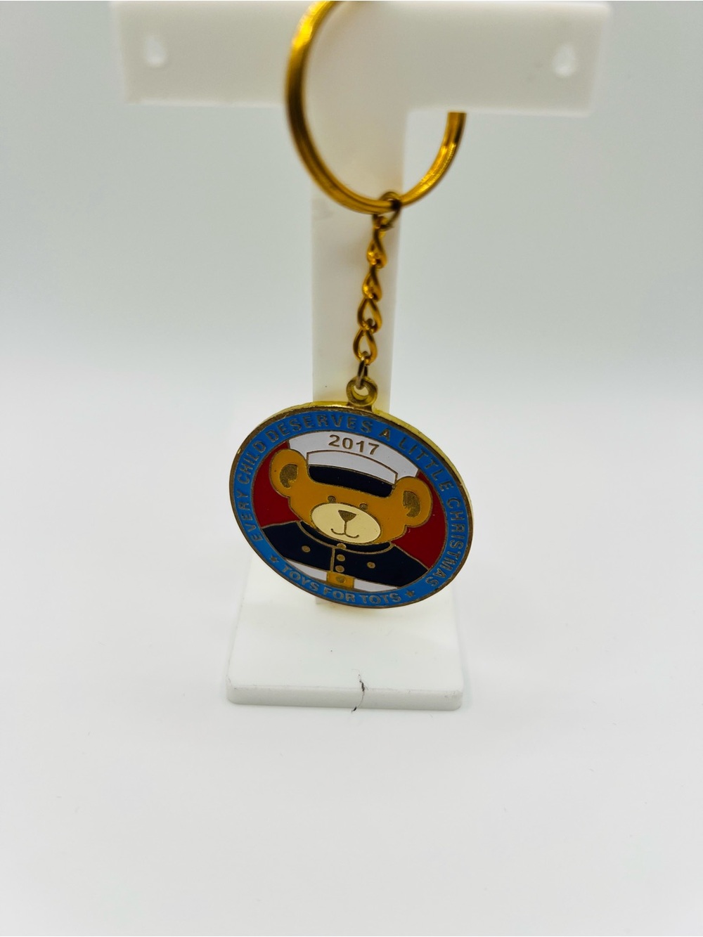 Toys for Tots 2017 Teddy Bear Holiday Medal - Blue, Red, Gold keychain